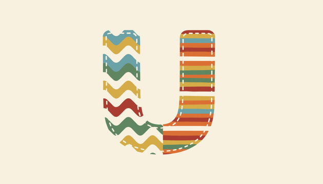 Bold letter U creative typography design with retro waves on the left and horizontal stripes on the right.