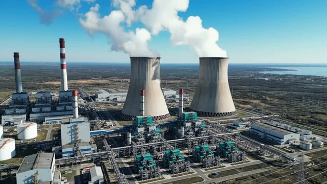 Aerial view of a large coal-fired power station generating electricity with cooling towers and smokestacks against a blue sky
