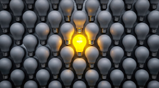 Single bright glowing yellow lightbulb standing out among many unlit dull grey bulbs representing unique brilliant ideas creative innovation and strong leadership