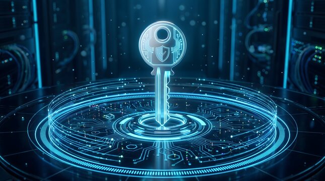 Digital key with shield icon represents cybersecurity and data protection