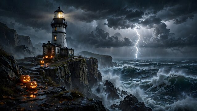 Haunted Lighthouse During a Thunderstorm