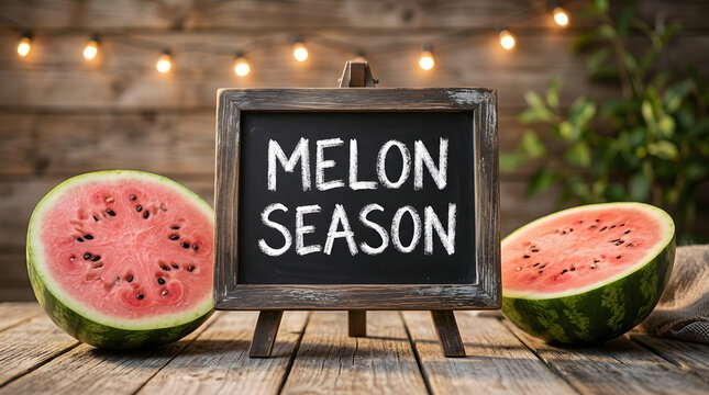 Watermelon halves on wooden table with melon season chalkboard sign and string lights