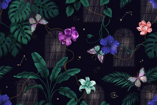 Seamless pattern featuring vibrant tropical flowers, monstera leaves, butterflies, and constellations on a dark navy blue background texture