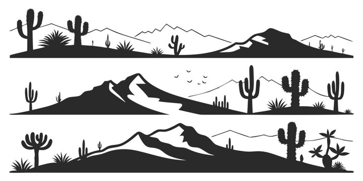 Arid desert landscape with cacti, mountains, and sand dunes under clear sky cactus