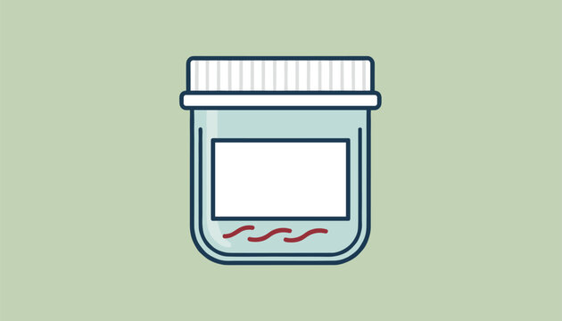 Medical specimen container with a white screw cap and a blank white label on a solid soft green background.