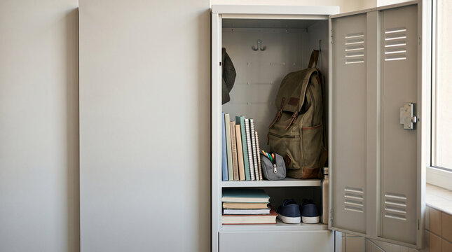 Open metal school locker with green backpack and books inside bright hallway