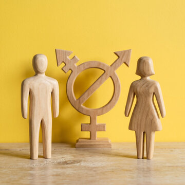 Wooden figures representing gender diversity and transgender symbol against yellow background