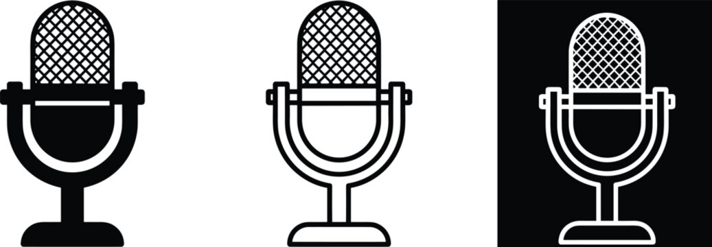Vintage studio microphone line and glyph icon set for podcast broadcasting live streaming audio record application vector