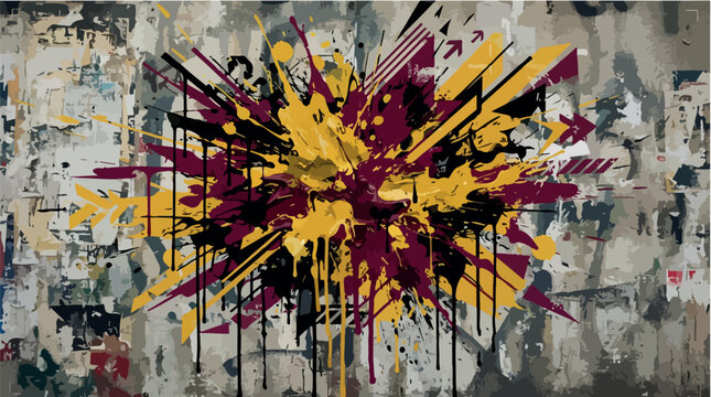 Paint explosion with ink drips and graffiti arrows. Abstract grunge vector art for urban background.