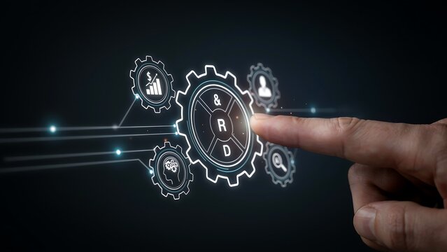 A person touches a glowing digital gear with r and d text surrounded by business symbols for research and development on dark background