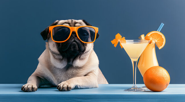An orange-eyed Pug dons shades. The dog lounges beside two cocktails and a colorful fruit. The canine sits at a bar counter against a navy backdrop. The cool dog sips refreshing drinks and relishes va