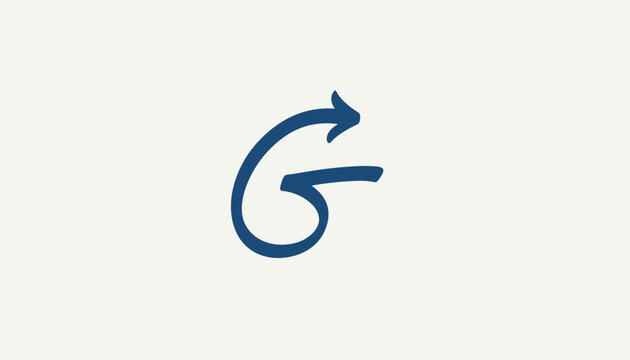 Cursive brush stroke letter G with an arrow at the top end is illustrated on a minimalist off white background.