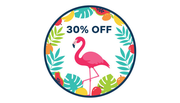 Tropical themed summer discount badge featuring a pink flamingo surrounded by exotic fruits and leaves with thirty percent off text.