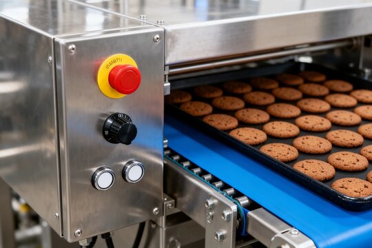 Cookies on Conveyor Belt in Food Factory
