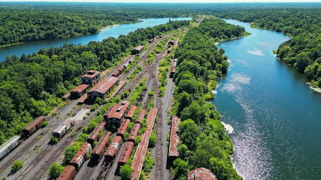 Aerial view of an abandoned train yard with rusted train cars and buildings alongside a river with trees
