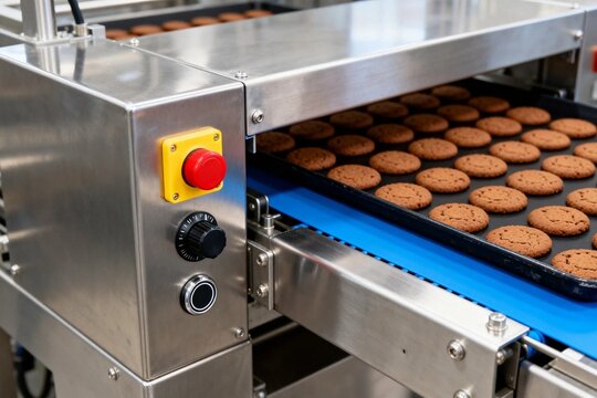 Cookies on Conveyor Belt in Food Factory