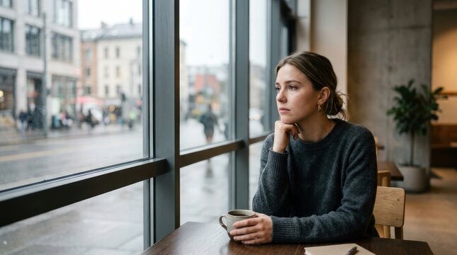 Young woman looking out window with thoughtful expression holding coffee cup