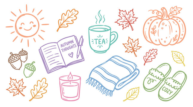 Colorful hand drawn autumn elements create a cozy fall season mood with various comfortable items like tea, blankets, and slippers.