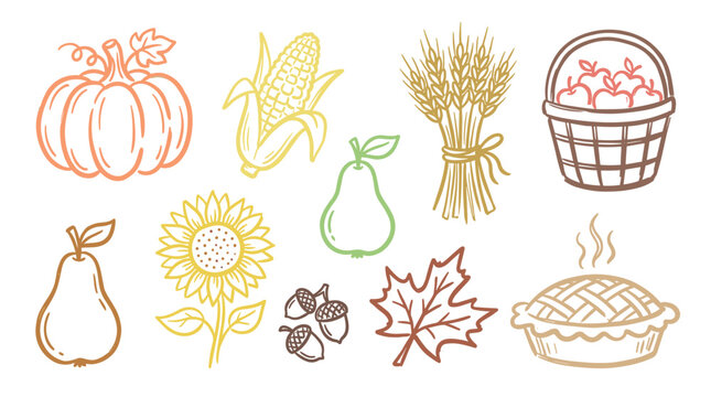 Harvest season illustrations featuring various autumn produce and traditional holiday symbols are depicted in a charming, rustic outline art style.