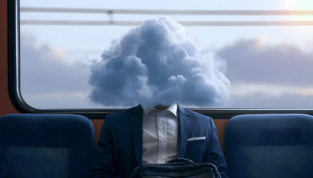A man in a suit with a cloud above his head sits on a train seat. The surreal scene depicts a person with their head in the air, lost in thought or daydreaming. This could represent commuting or a met