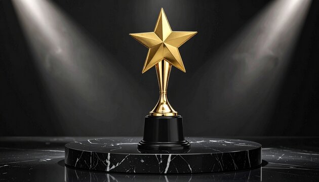 Golden star trophy on black marble pedestal with dramatic lighting