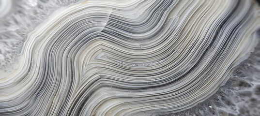 Close-up macro view of layered agate stone with intricate white and grey wavy patterns, showcasing...