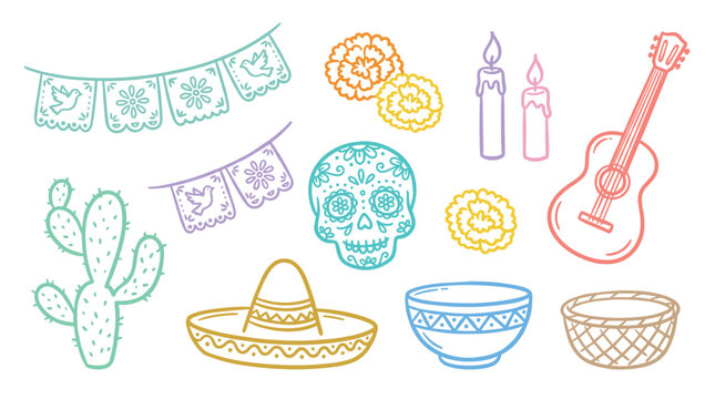 Colorful Mexican cultural celebration elements are beautifully illustrated with traditional symbols and festive motifs in a vibrant doodle style.