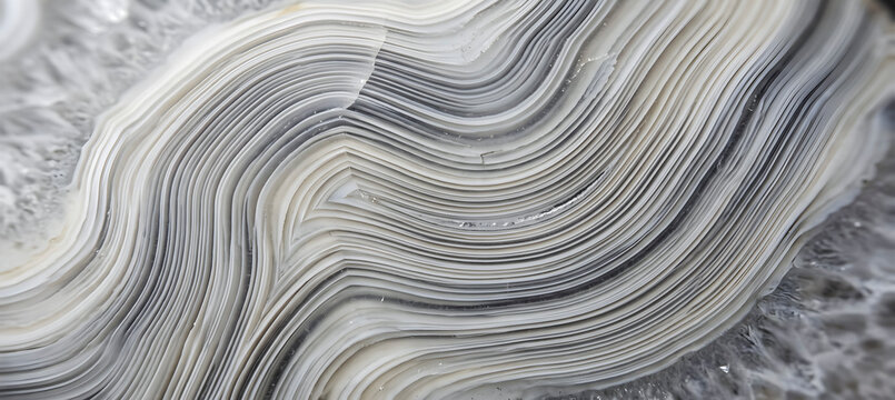 Close-up macro view of layered agate stone with intricate white and grey wavy patterns, showcasing natural geological formations and crystal details, abstract backgrounds and