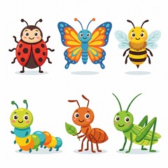 Fototapeta premium Insect cartoon characters including ladybug, butterfly, bee, caterpillar, ant, and grasshopper
