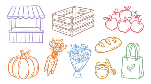 Farmers market fresh produce and goods collection featuring various hand-drawn illustrations like apples, carrots, bread, honey, and a market stall.
