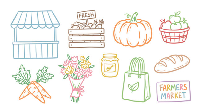 Farmers market produce and goods collection featuring fresh vegetables, fruits, honey, flowers, and a market stall in a charming doodle style.