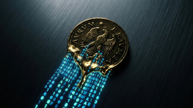 Digital fintech disruption melting banking coin with flowing binary code data stream on dark surface