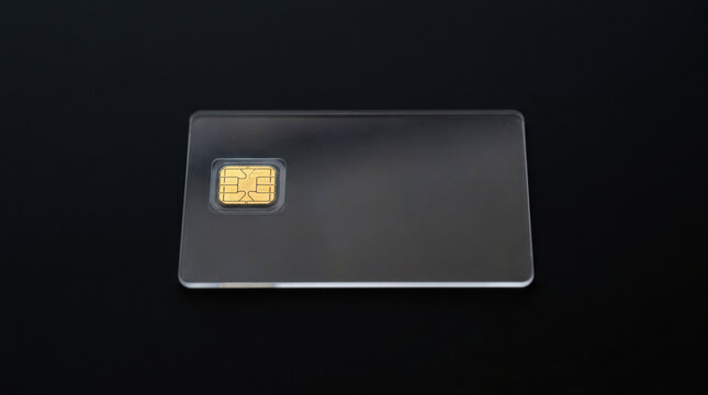 Transparent credit card with chip on black background fintech disruption banking concept for secure digital payment technology
