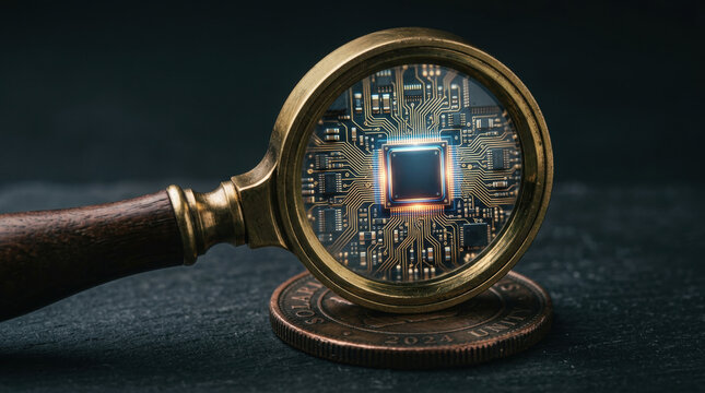 Fintech innovation drives disruption in banking with advanced microchip technology magnified by vintage magnifying glass on coin