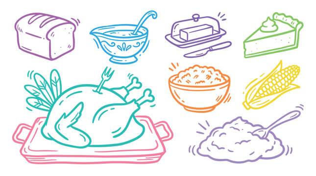 Thanksgiving dinner food items collection illustration set featuring various holiday dishes like turkey, gravy, pie, and mashed potatoes in a vibrant doodle style.