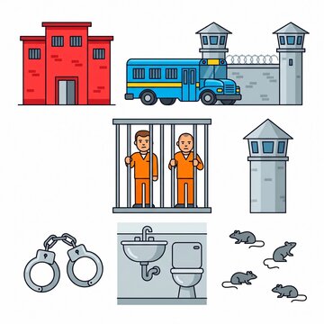 A prison scene with a bus, jail cells, and guard towers.