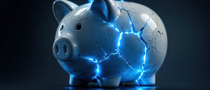 Cracked piggy bank glowing with blue light symbolizes fintech disruption impacting traditional banking systems in futuristic financial concept