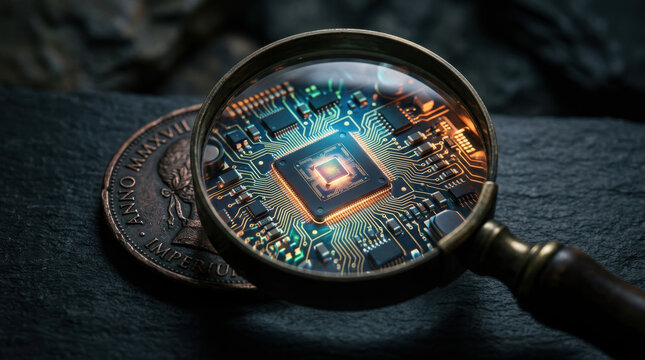 Fintech disruption in banking is highlighted by close up of microchip under magnifying glass showing advanced technology and innovation