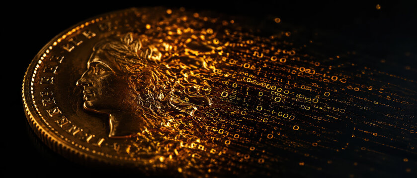 Digital fintech disruption banking transforms traditional coin currency into futuristic data streams with innovative technology and finance