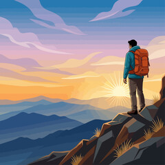 Man in blue jacket with orange backpack stands on mountain peak watching sunrise over landscape © Atiya