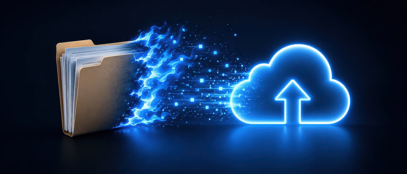 Cloud Folder Upload Data Digital Technology Storage Transfer Fintech Disruption Banking Cloud computing concept with folder and glowing upload