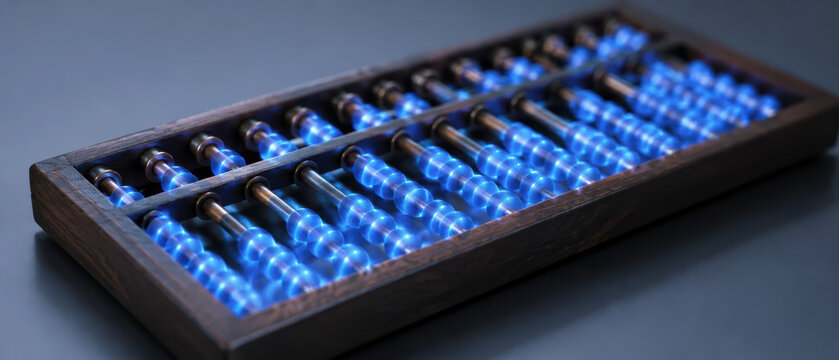 Abacus with glowing blue beads symbolizes fintech disruption transforming traditional banking through innovative technology and digital