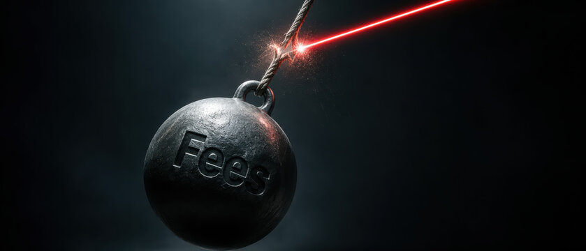 Laser cutting metal ball labeled fees symbolizes fintech disruption cutting banking fees and costs effectively