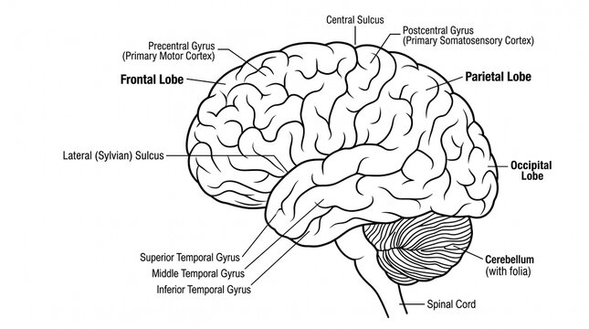 Detailed diagram of human brain anatomy with labeled lobes and structures. Isolated on a white background.