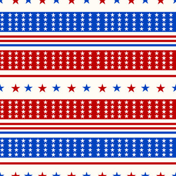 Seamless patriotic pattern featuring red, white, and blue stars with bold horizontal stripes. Perfect for Independence Day, Memorial Day, Veterans Day, fabric, wrapping paper, textiles, and festive de