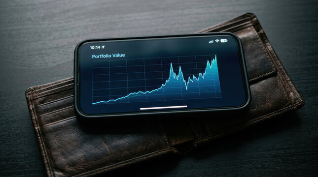 Smartphone displaying portfolio value graph leather wallet representing fintech disruption banking with financial growth and investment trends