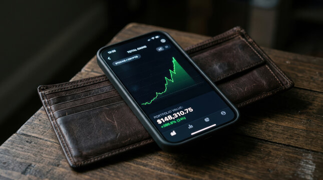 Smartphone showing fintech disruption in banking with rising stock and crypto portfolio value on wooden table with leather wallet