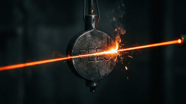 Laser beam cutting metal with word fees symbolizing fintech disruption in banking industry innovation and transformation