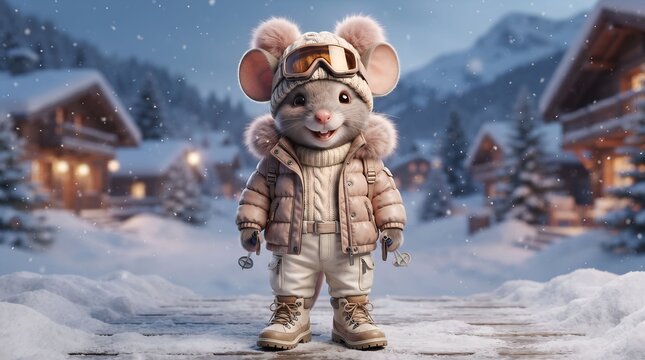 Cute 3D animated mouse character in winter ski gear standing on snow against a mountain village backdrop
