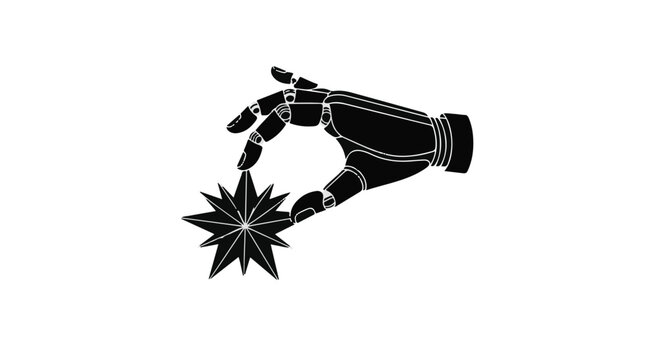 Robotic hand holds a sharp star shape as a representation of advanced artificial intelligence and technological precision.